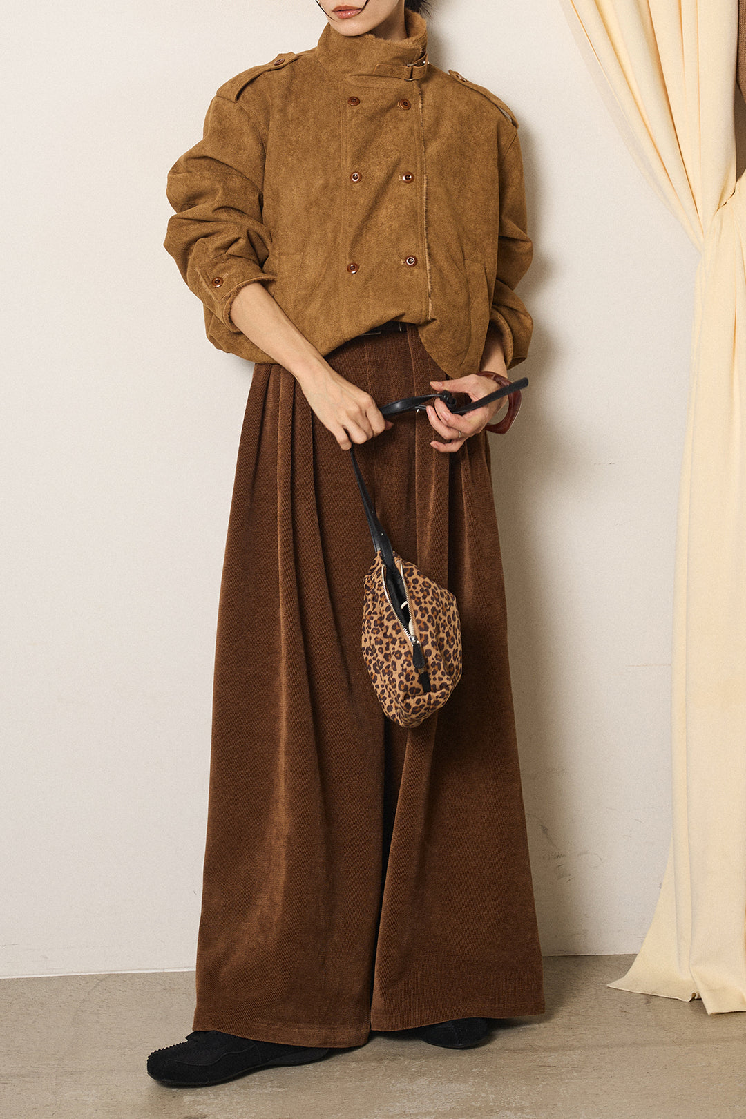 [SET]スタンド襟スウェードライクアウター+ベルトループコーデュロイワイドパンツ(2set)