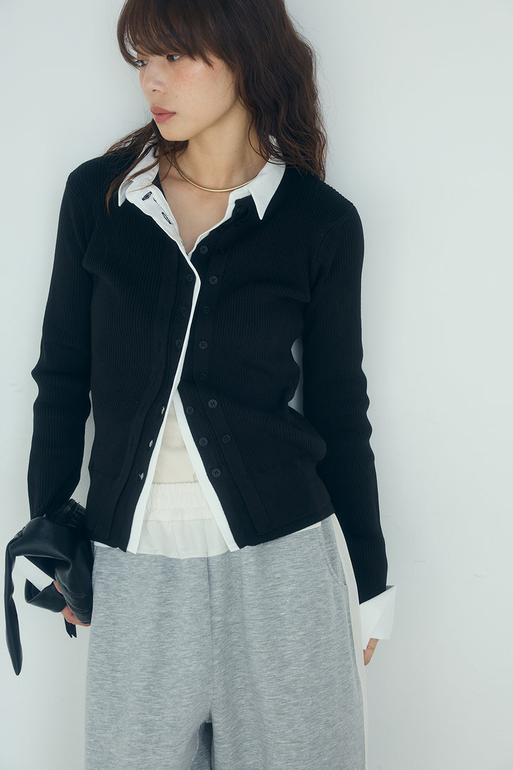 [SET]シャツドッキングボタンニットカーディガン+異素材切り替えスウェットパンツ(2set)