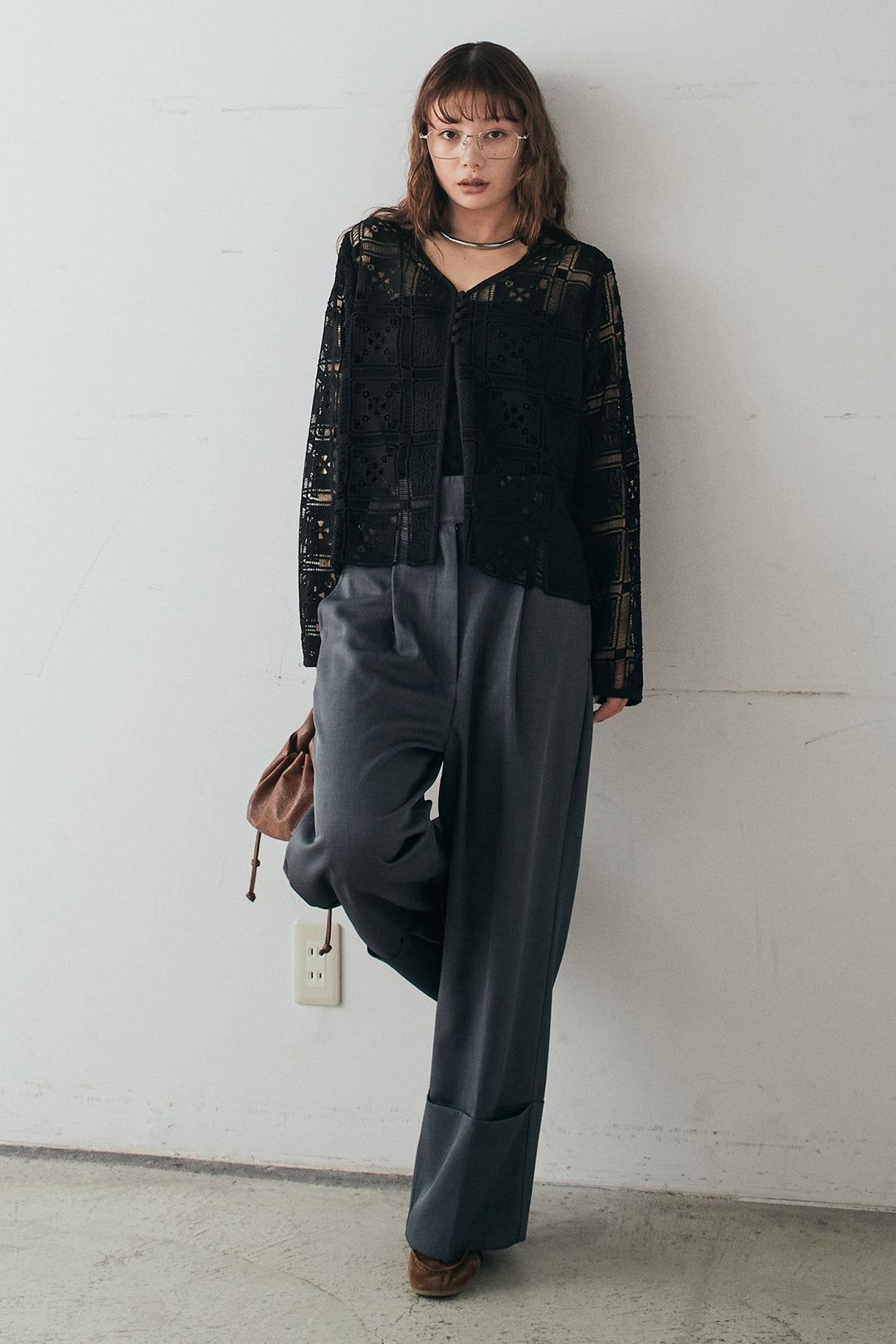 [SET]クロシェレースカーディガン+センタープレスセミワイドパンツ(2set)