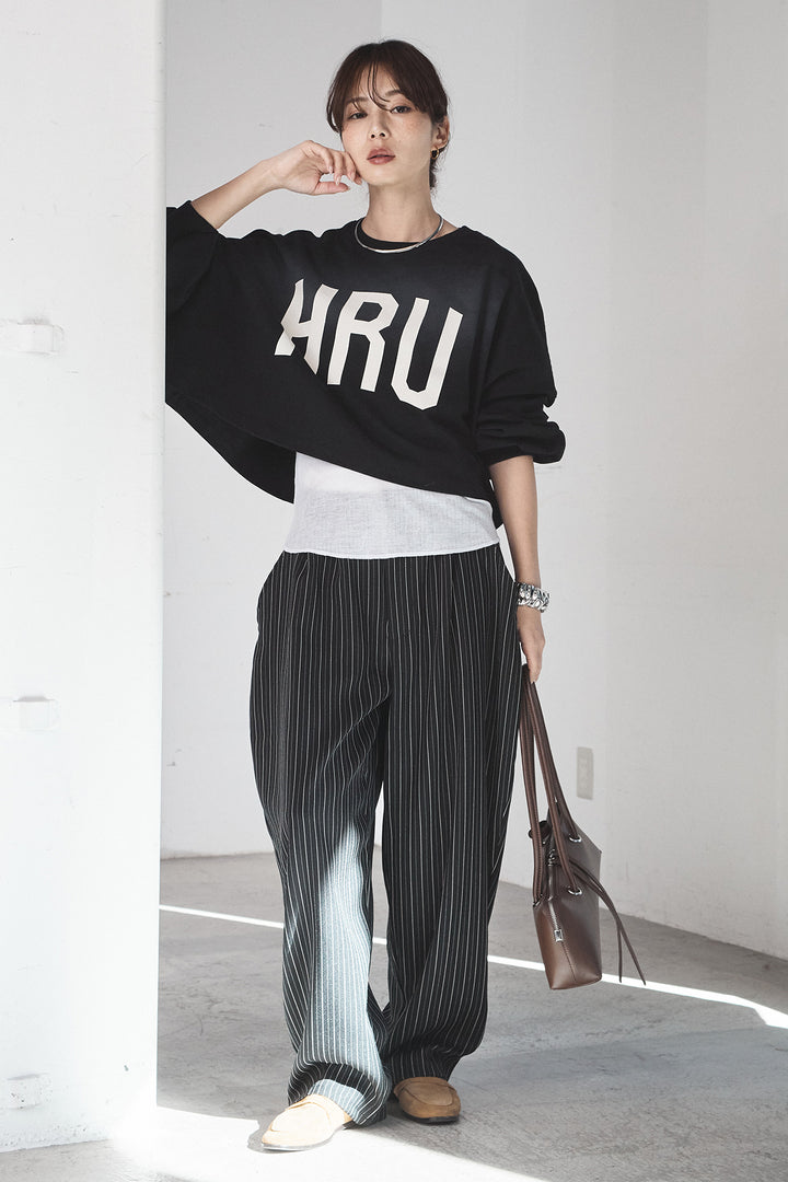 [SET]ビッグロゴHRU袖ボリュームトップス+リブシアークルーネック長袖トップス(2set)