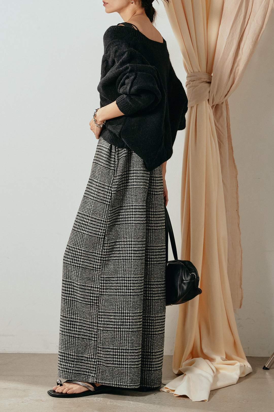 [SET]ケーブルカシュクールニットトップス+前後2wayグレンチェック柄スカーチョサロペット(2set)