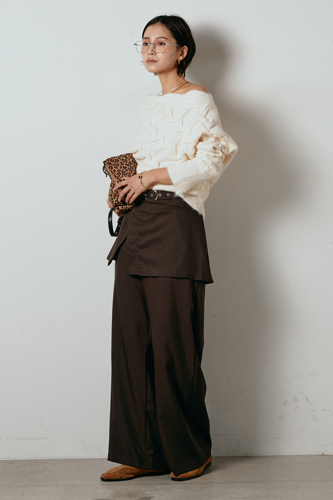 [SET]ボートネックニットトップス+ベルト付きウエストデザインパンツ(2set)