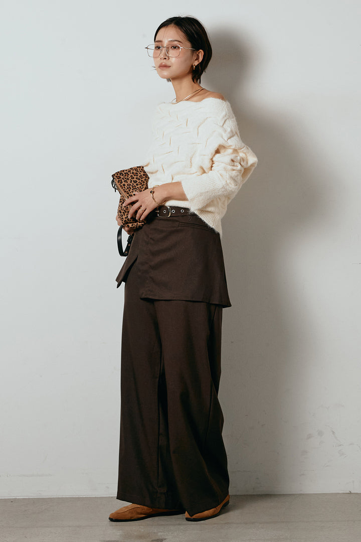 [SET]ボートネックニットトップス+ベルト付きウエストデザインパンツ(2set)