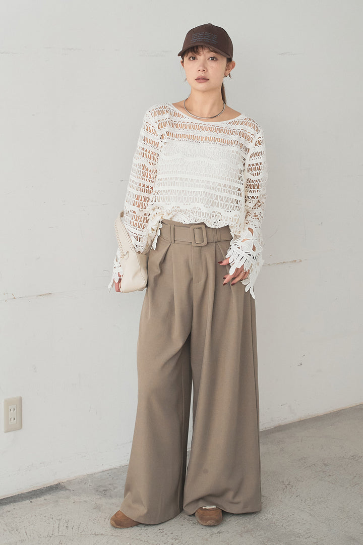 [SET]裾デザインメッシュプルオーバー+ベルト付きツータックワイドパンツ(2set)