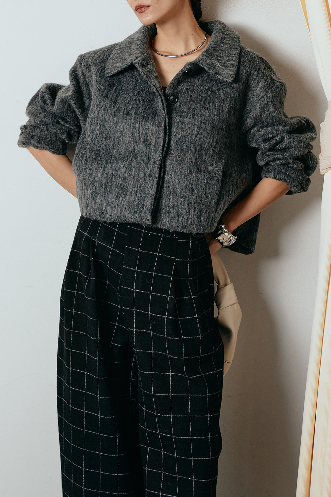 [SET]シャギーショートジャケット+スクエアチェック柄ワイドパンツ(2set)