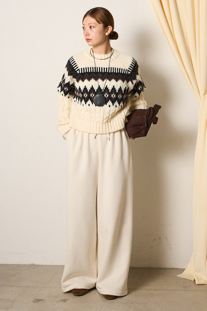 [SET]2WAY求心柄ジャガードショートカーディガン+裏起毛スウェットワイドパンツ+2WAY袖コード刺繍クルーネックプルオーバー(3set)