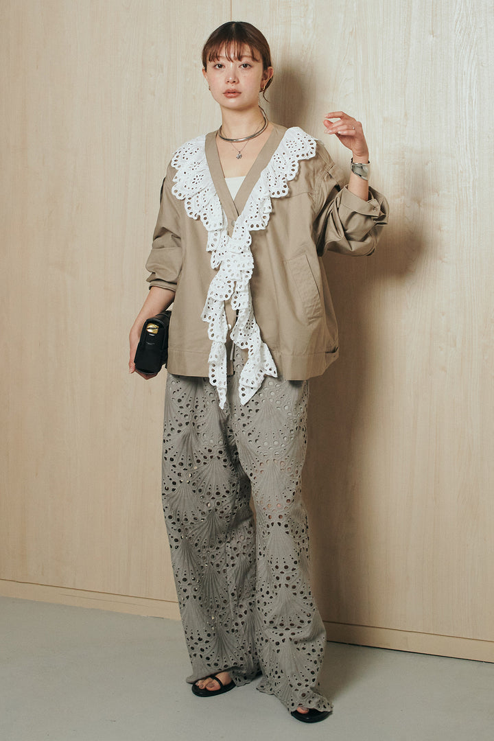 [SET]レースフリルドッキングアウター+レース刺繍リラックスパンツ(2set)