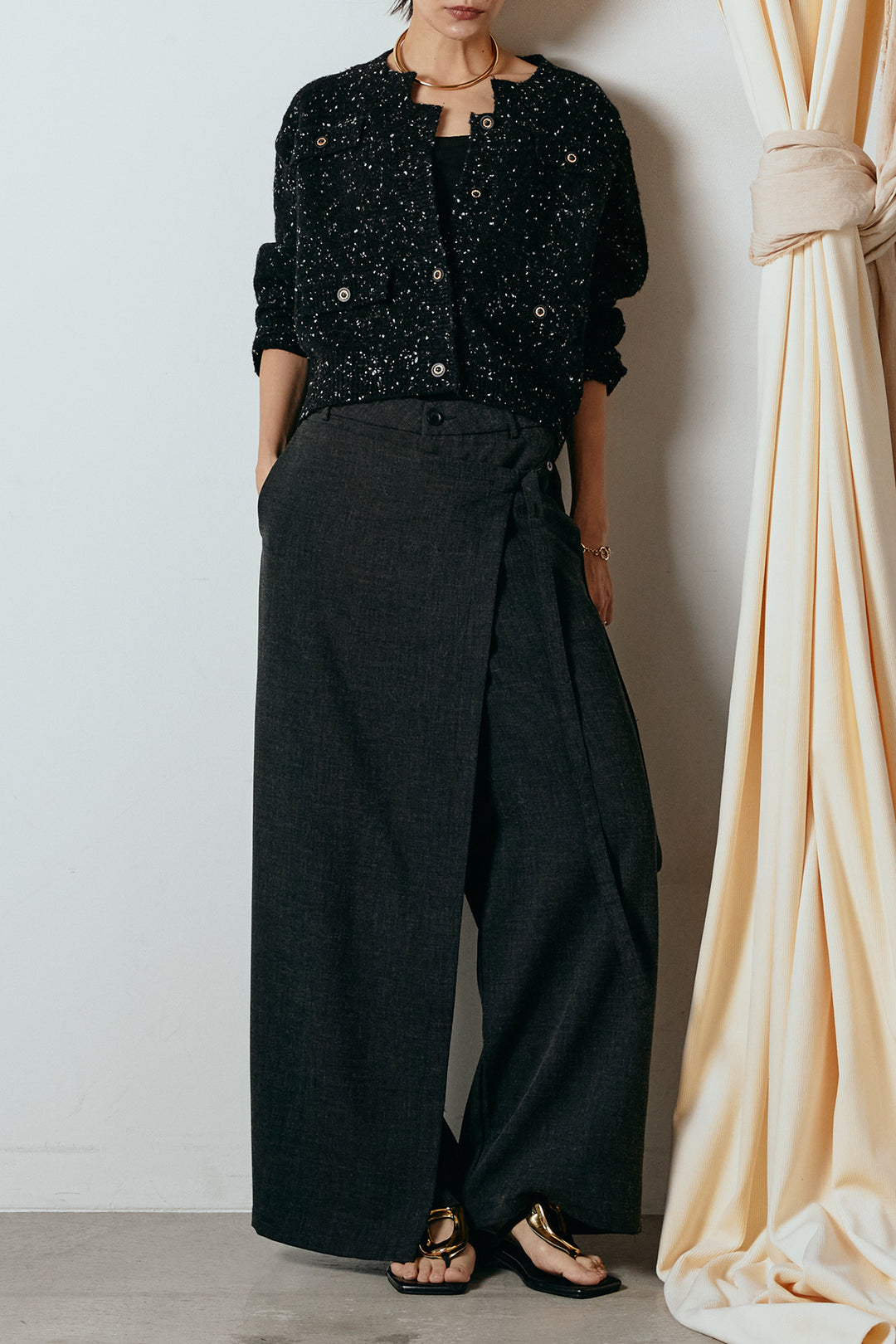 [SET]ネップニットカーディガン+ラップ巻きワイドスラックス(2set)