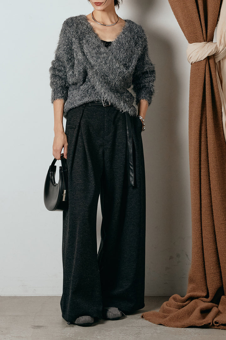 [SET]シャギークロスニットトップス+細ベルト付き起毛タックワイドパンツ(2set)