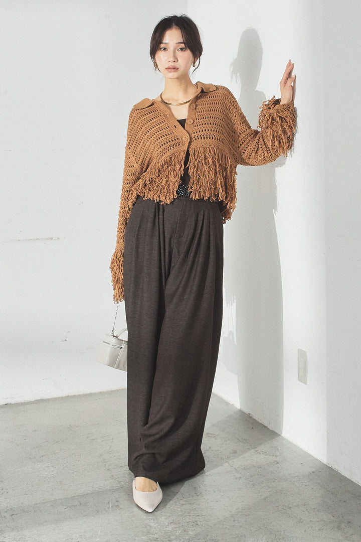 [SET]メッシュフリンジカーディガン+編みベルト付きウエストタックワイドパンツ(2set)