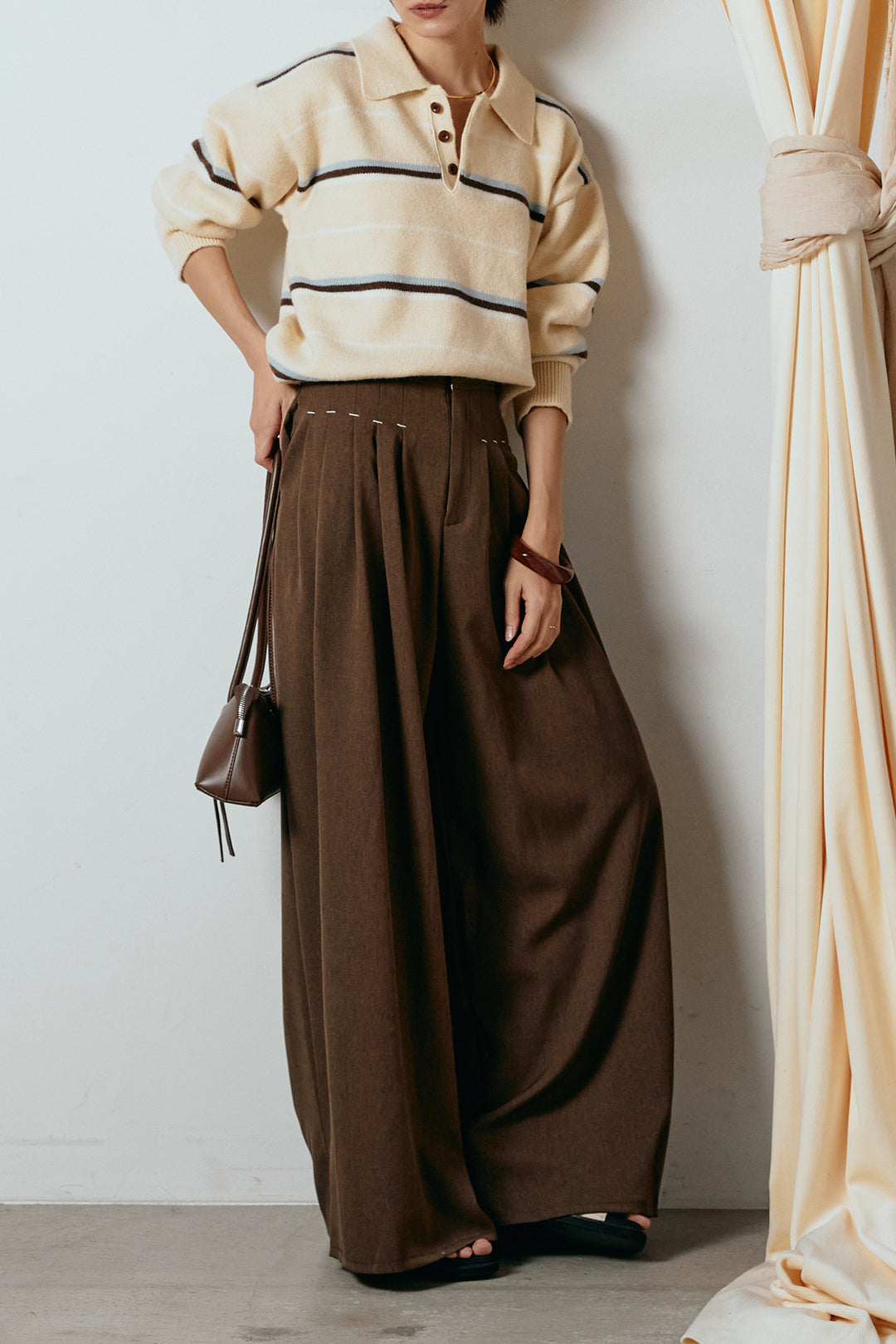 [SET]襟付きマルチボーダーニットポロトップス+ウエストステッチデザインワイドスラックス(2set)