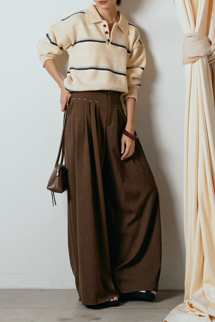 [SET]襟付きマルチボーダーニットポロトップス+ウエストステッチデザインワイドスラックス(2set)