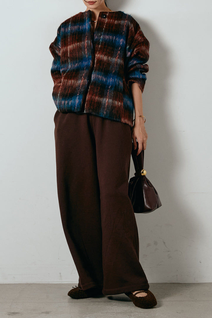 [SET]ノーカラーシャギーチェックアウター+裏起毛スウェットワイドパンツ(2set)