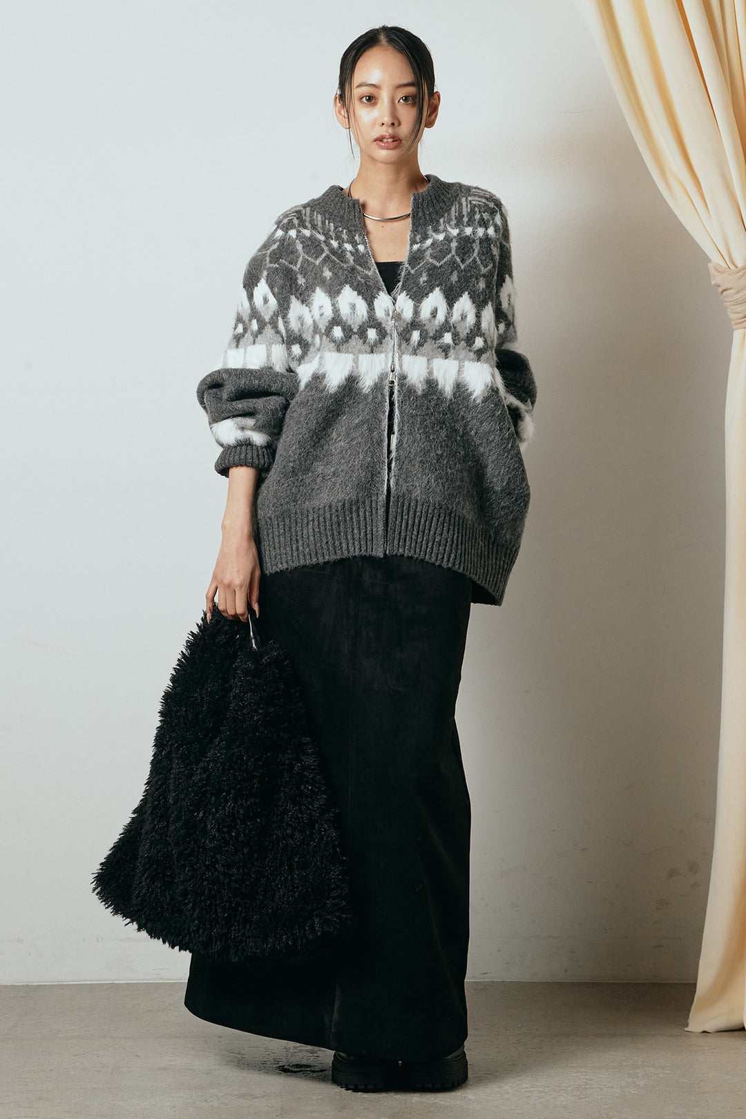 [SET]起毛ダブルジップパターンニットカーディガン+エコスウェードワイドスカート(2set)