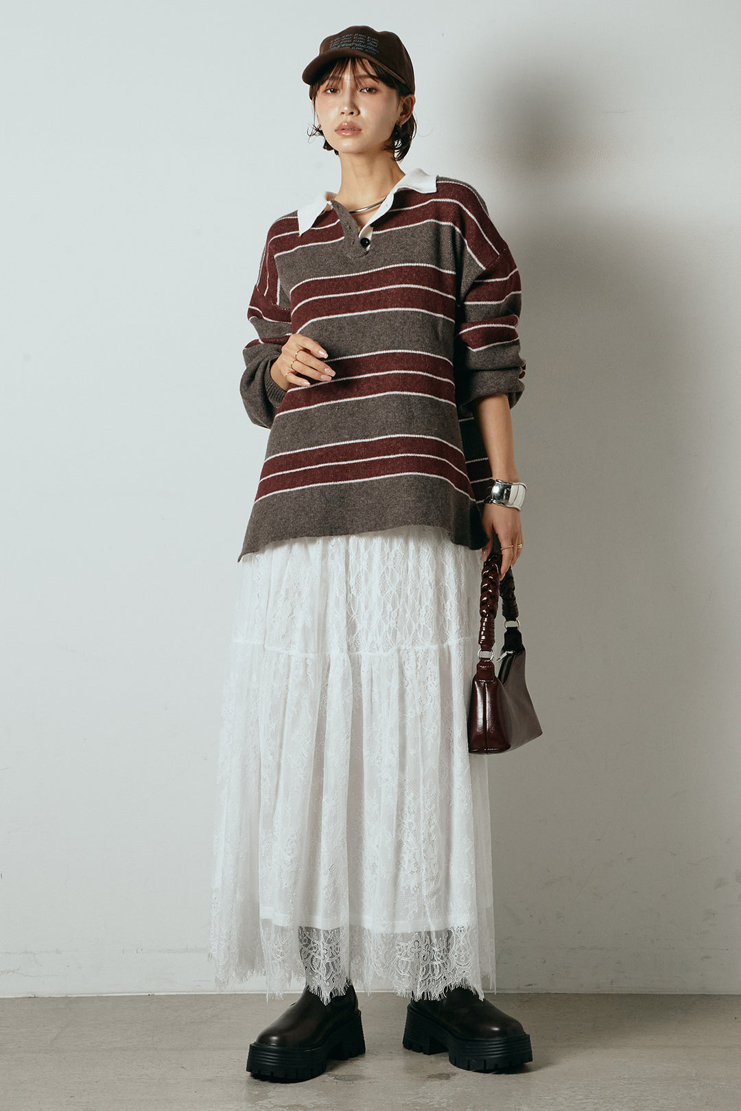 [SET]ラガーニットボーダーポロプルオーバー+ひげレース切替ロング丈スカート(2set)