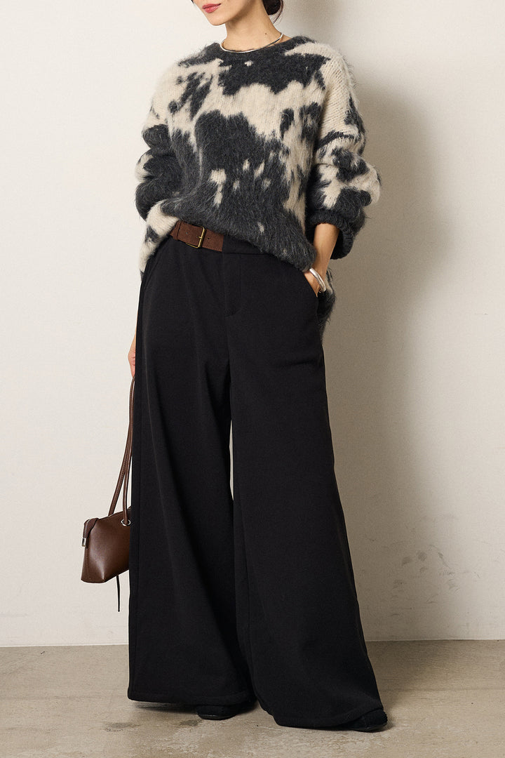 [SET]モヘアタッチマーブルニット+サイドベルトパンツ(2set)
