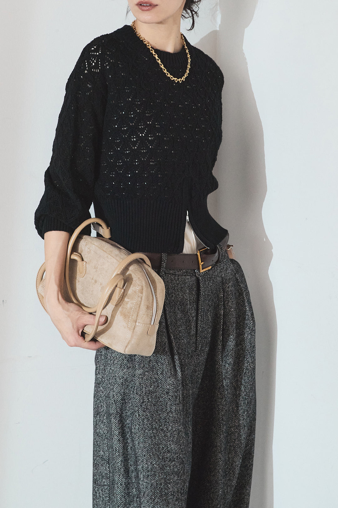 [SET]透かし編みニットジップスリットプルオーバー+タックツイードワイドパンツ(2set)