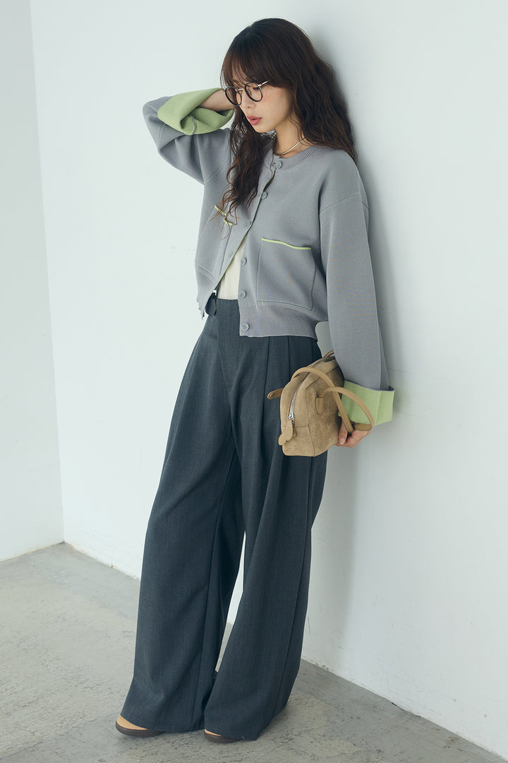 [SET]レーヨンポリダブルフェイスカーディガン+サイドベルトタック入りスラックス(2set)