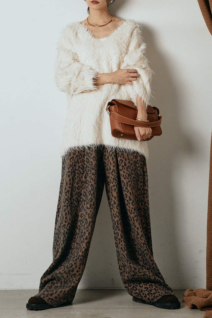 [SET]深Vネックシャギーニットトップス+リラックスレオパード柄ワイドパンツ(2set)