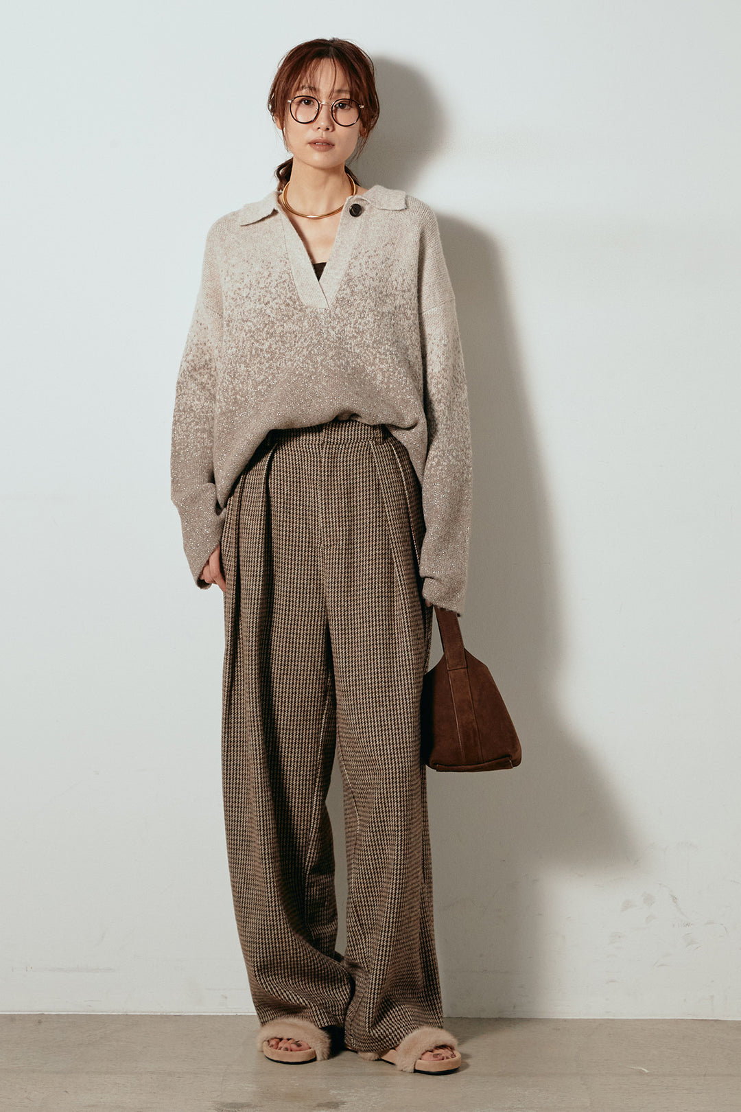 [SET]グラデーションラメニットキーネックプルオーバー+ガンクラブチェックタックパンツ(2set)