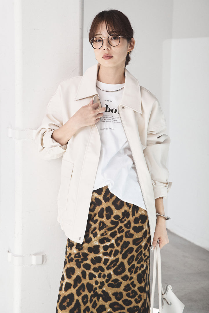 [SET]レザーライクオーバーサイズブルゾン+レオパードサテンナロースカート(2set)