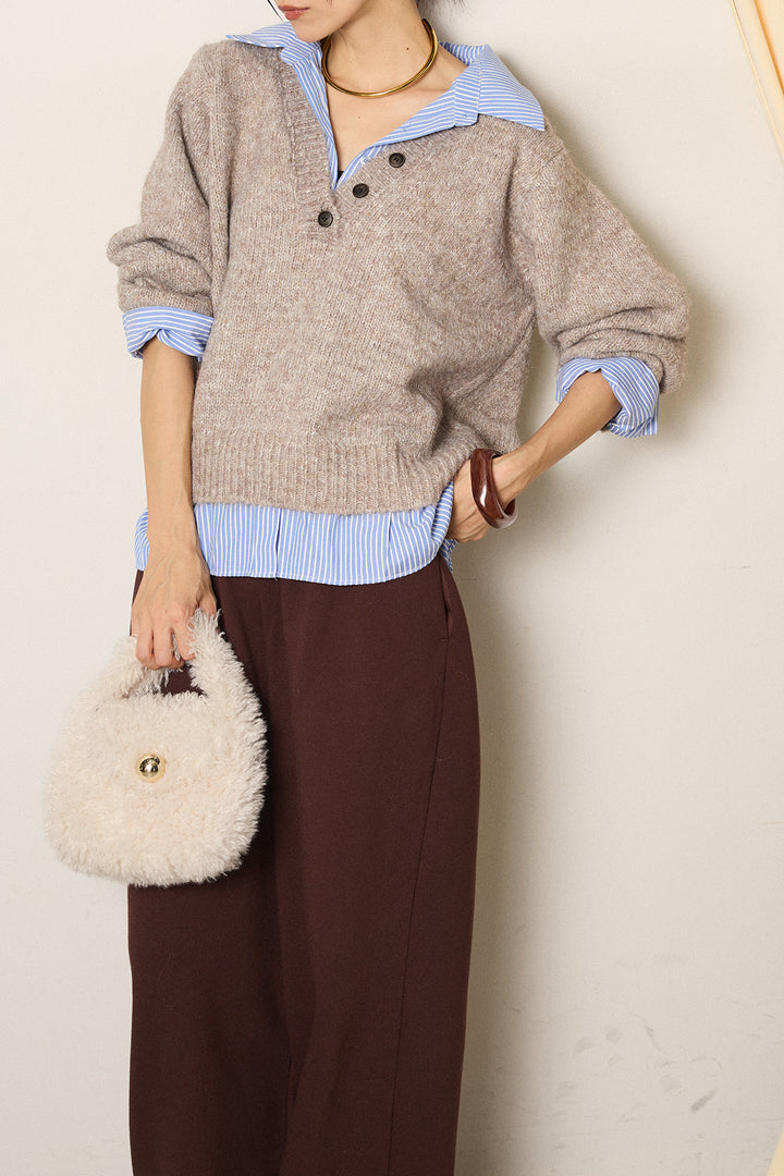 [SET]ストライプシャツドッキングニットポロトップス+裏起毛スウェットワイドパンツ(2set)