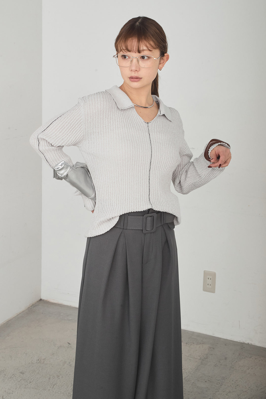 [SET]衿付きニットプルオーバー+ベルト付きツータックワイドパンツ(2set)