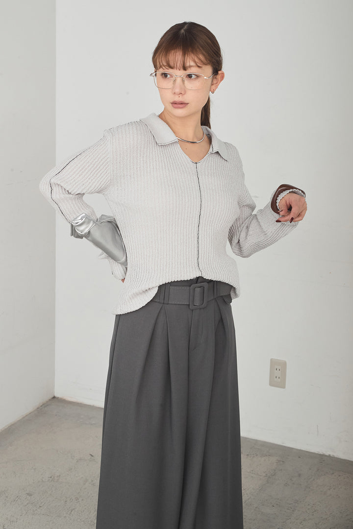 [SET]衿付きニットプルオーバー+ベルト付きツータックワイドパンツ(2set)