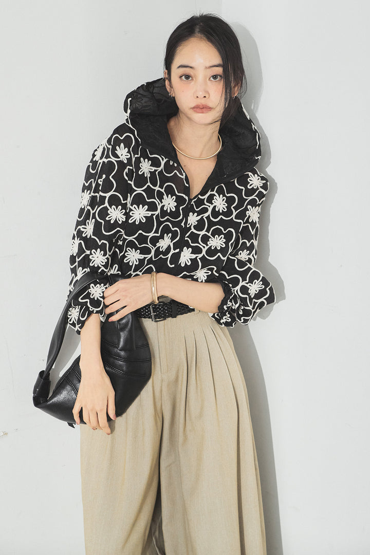 [SET]シアーフラワーフードブルゾン+編みベルト付きウエストタックワイドパンツ(2set)