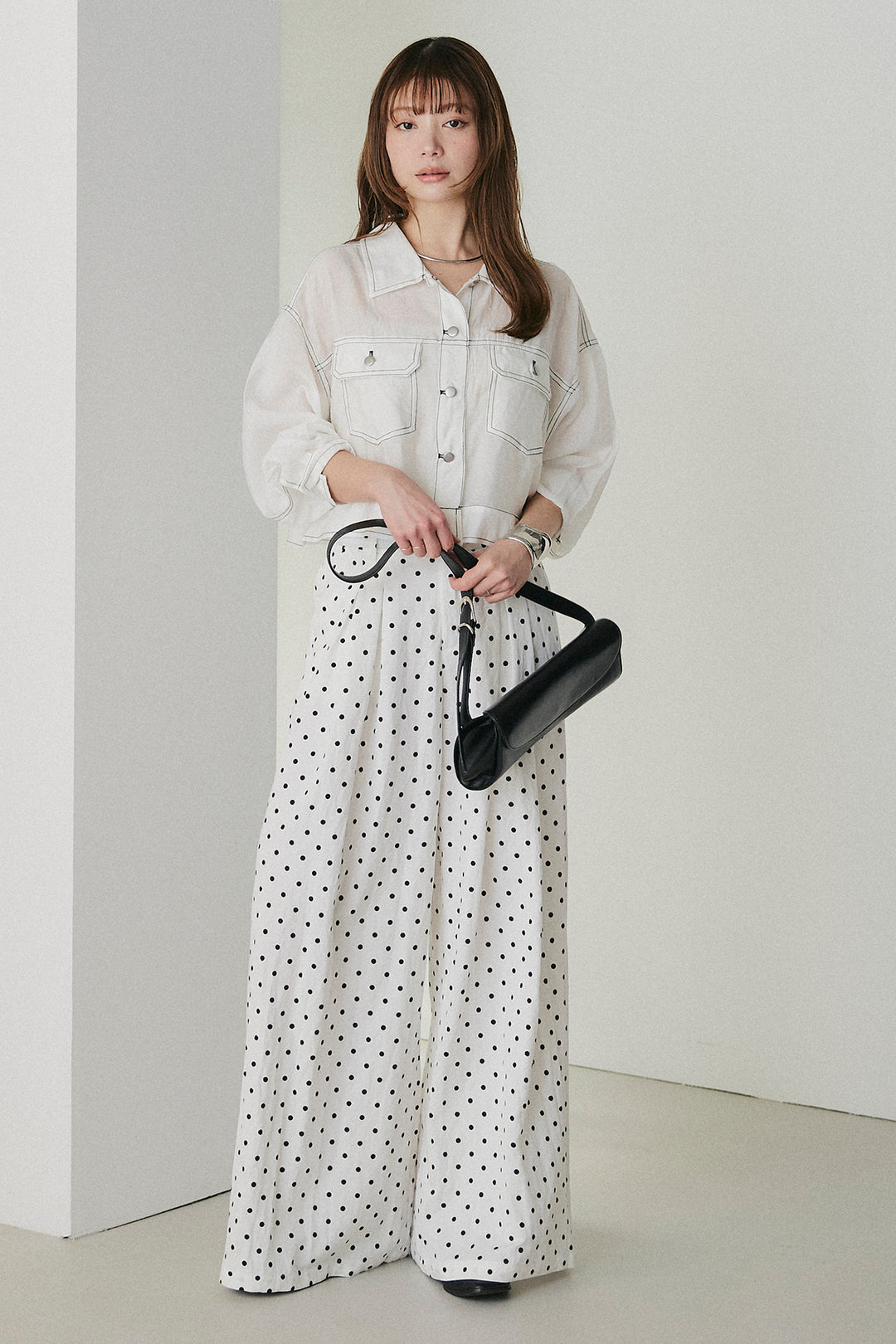 [SET]配色ステッチシアーシャツ+ベルト付きドット柄ワイドパンツ(2set)