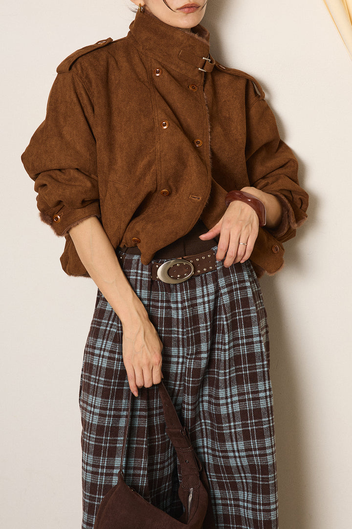 [SET]スタンド襟スウェードライクアウター+スタッズデザインベルトタータンチェックパンツ(2set)