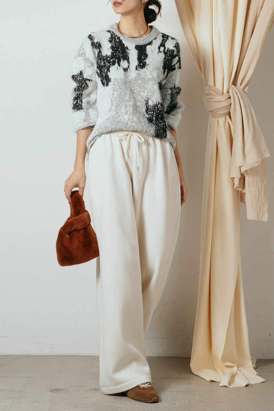[SET]起毛ニュアンス柄ニットプルオーバー+裏起毛スウェットワイドパンツ(2set)