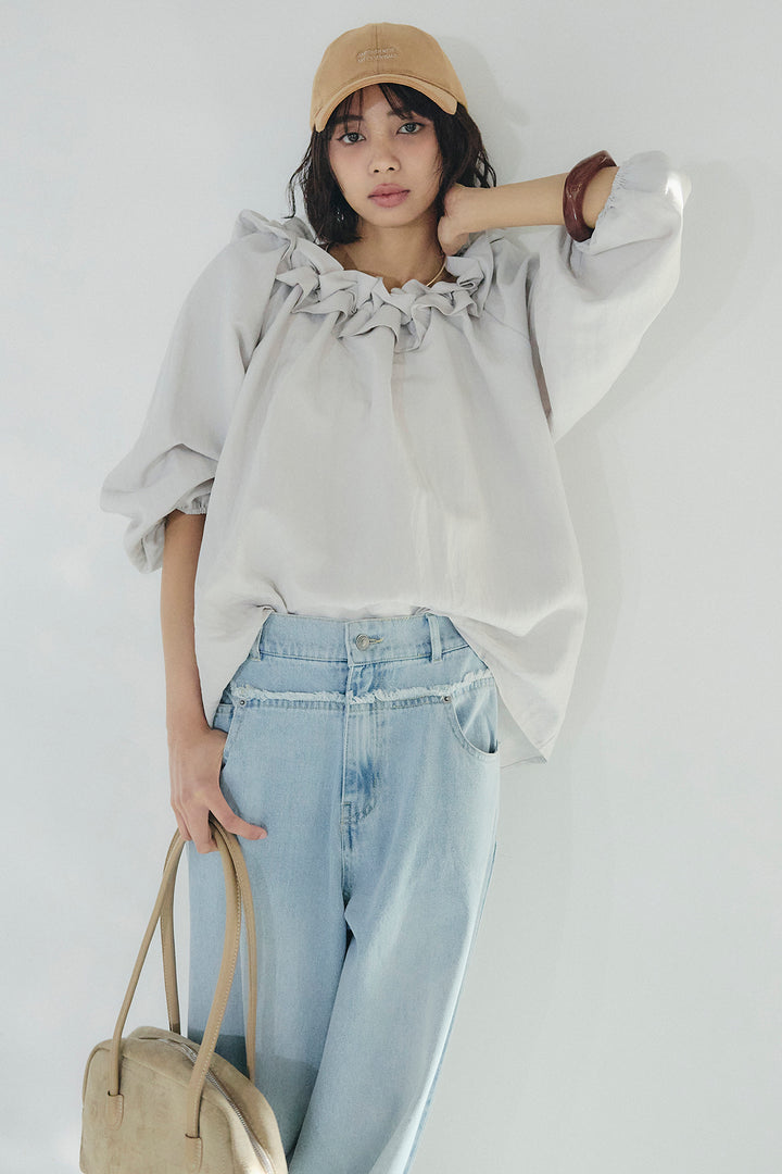 [SET]ネックフリルデザインブラウス+ウエスト裁ち切りデニムワイドパンツ(2set)