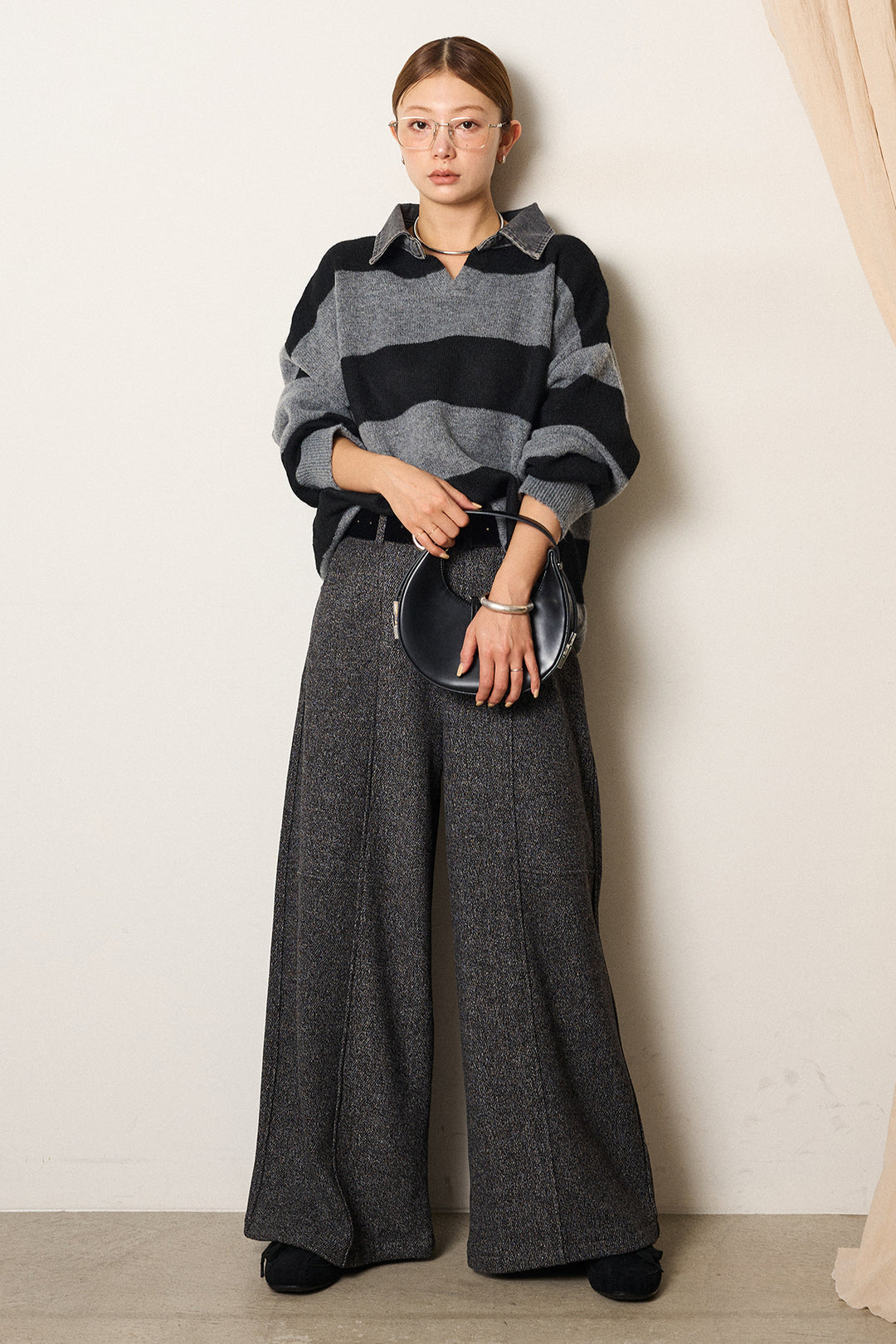 [SET]デニムカラーボーダールーズニット+太ベルト付きツイードワイドパンツ(2set)
