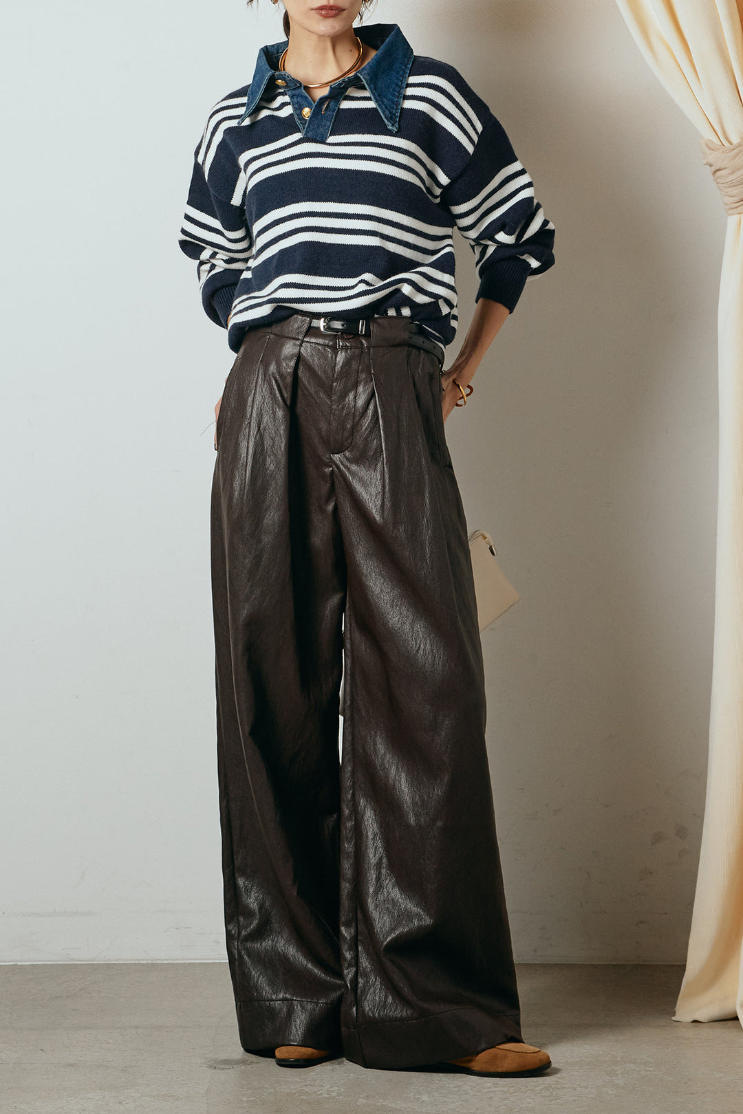 [SET]デニムレイヤード風ランダムボーダーニットプルオーバー+ベルト付きレザーライクタックパンツ(2set)