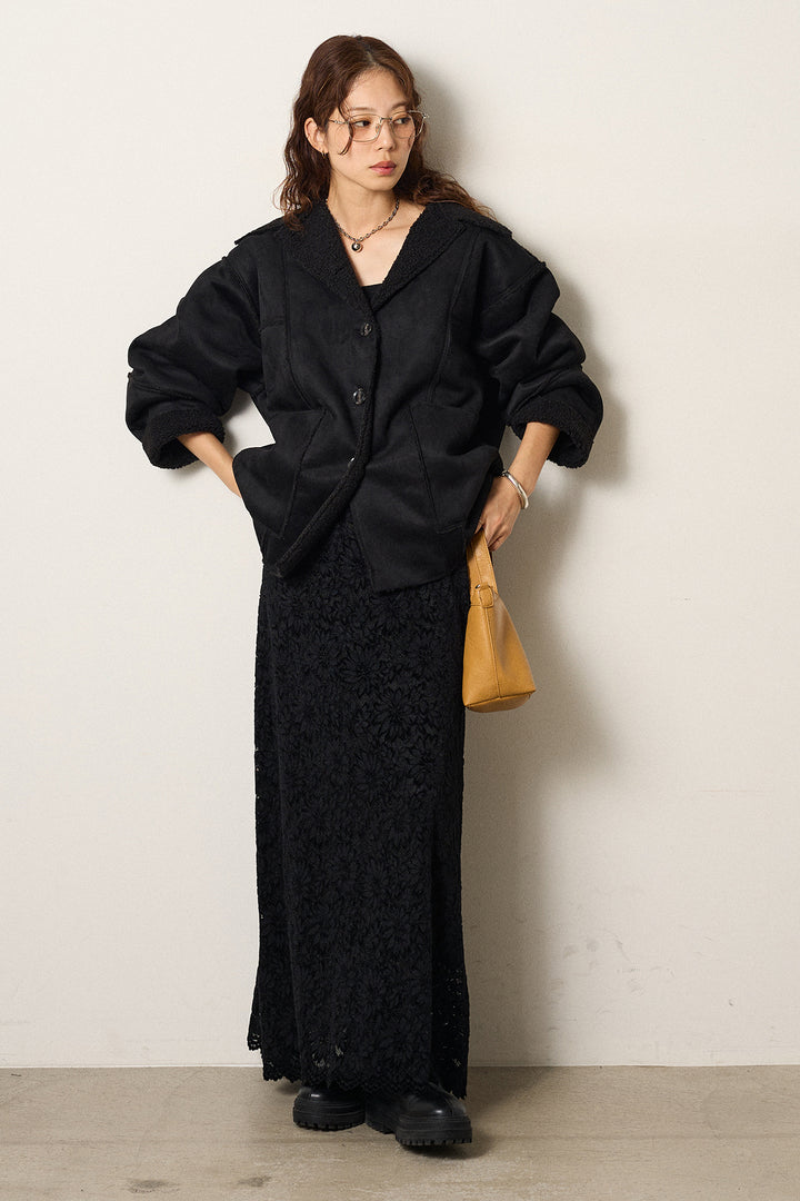 [SET]エコムートンカバーオール+花柄刺繍ベロアフレアスカート(2set)