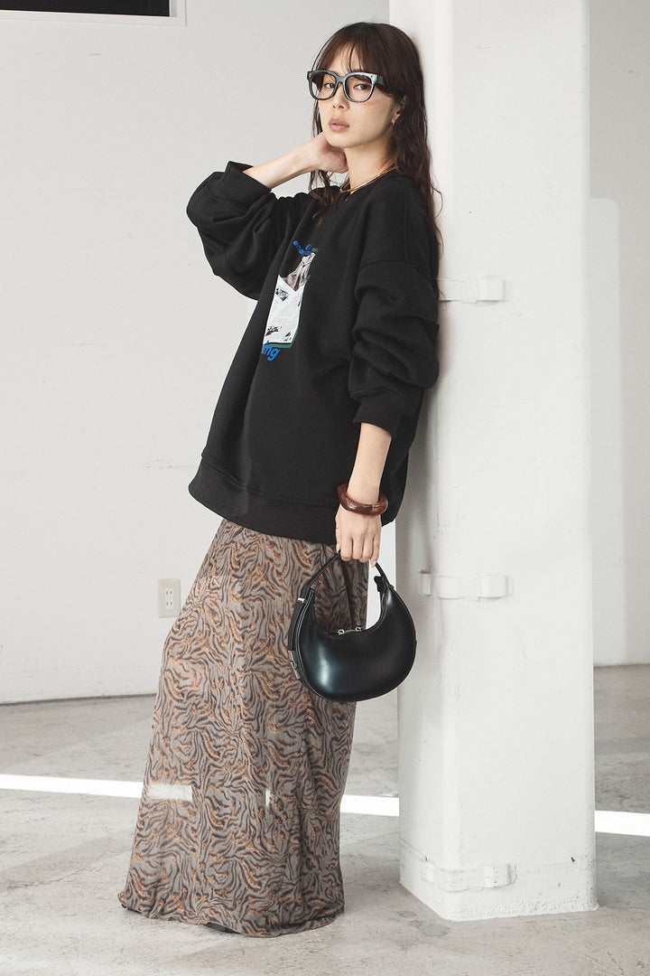 [SET]裏起毛モーニングキャットプリントスウェット+抽象柄ロングスカート(2set)