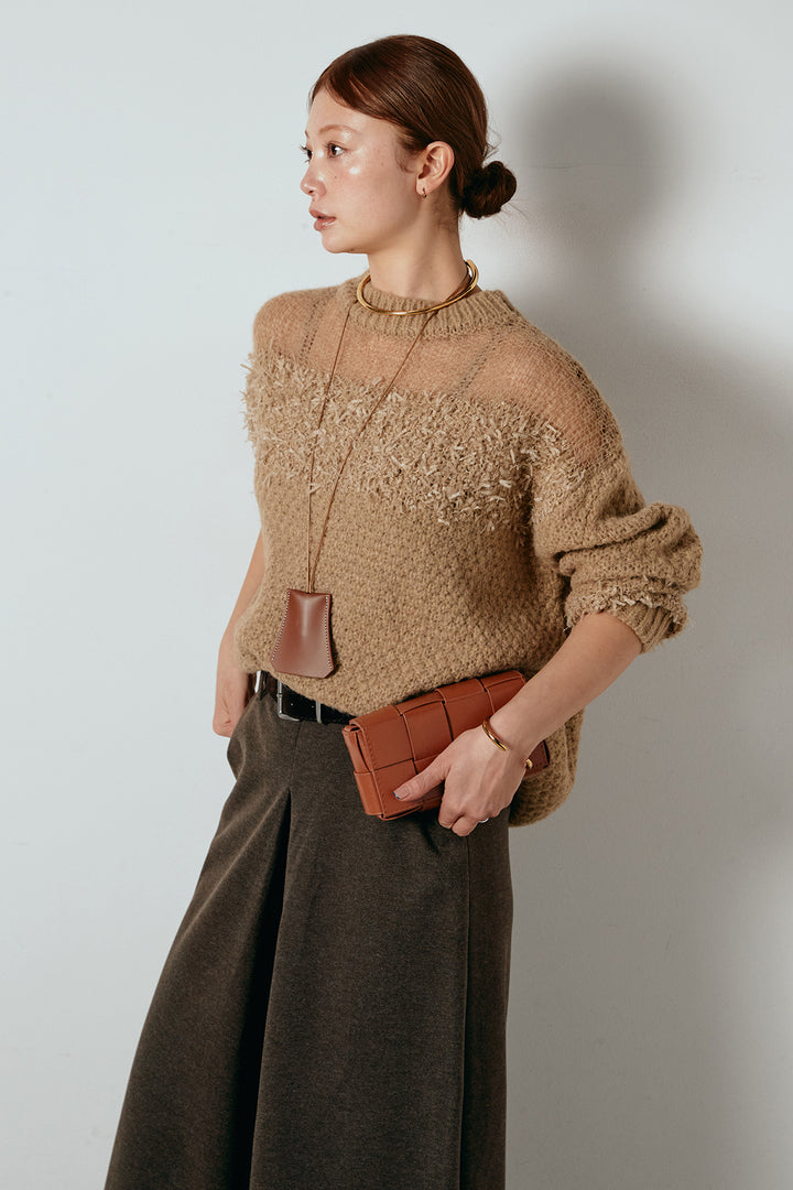 [SET]パターンランダム編みニットトップス+ベルト付きフロントタックデザインパンツ(2set)