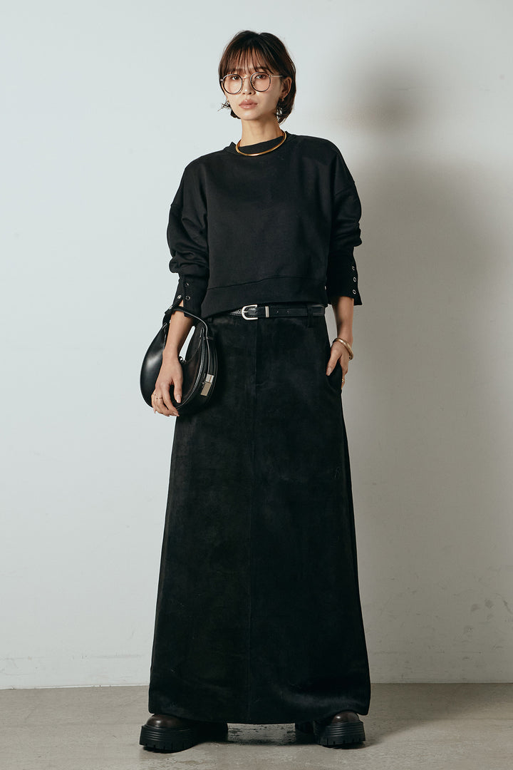 [SET]裏毛バックオープンプルオーバー+エコスウェードワイドスカート(2set)