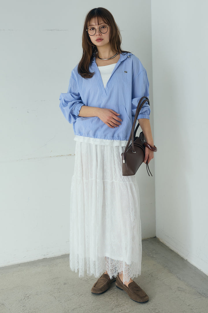 [SET]レイヤードデザインフーディートップス+ひげレース切替ロング丈スカート(2set)