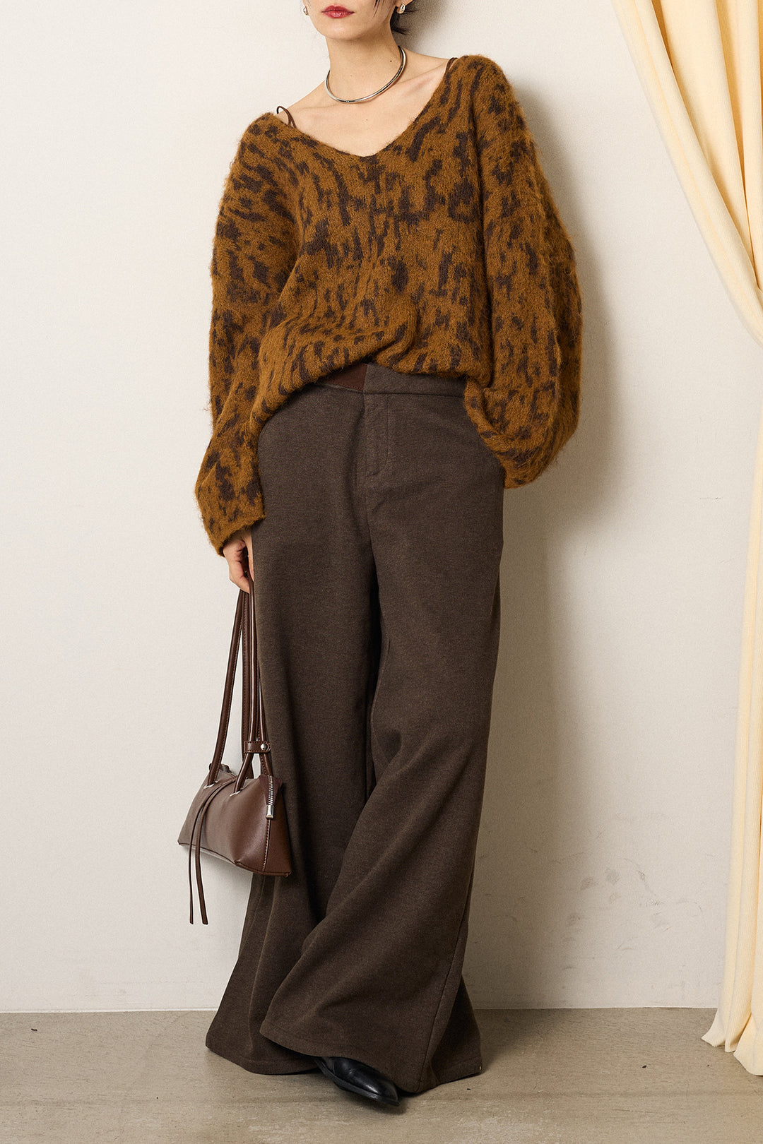 [SET]フラッフィーレオパードシャギーニット+サイドベルトパンツ(2set)