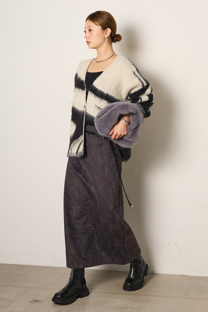 [SET]アクセントブラッシュドカーディガン+ロープベルト付きスウェード調スカート(2set)