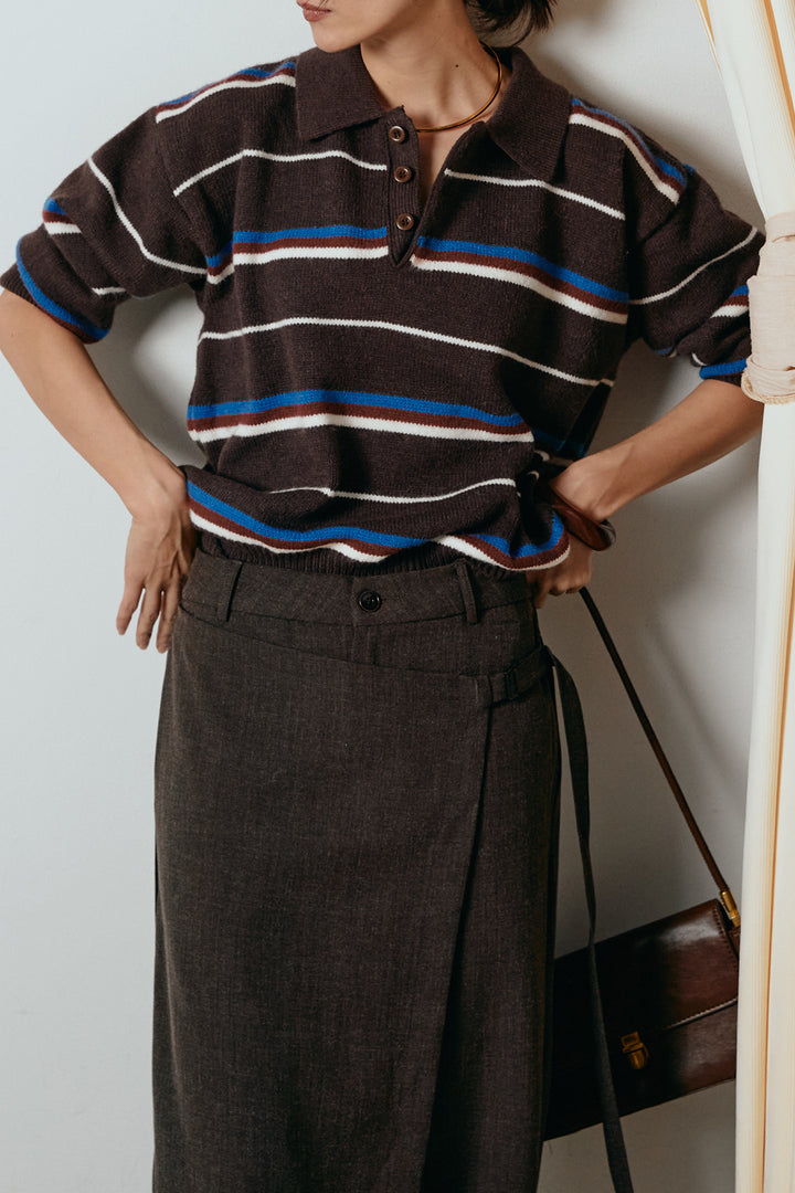 [SET]襟付きマルチボーダーニットポロトップス+ラップ巻きワイドスラックス(2set)