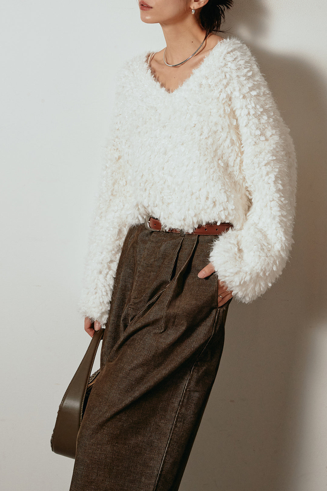 [SET]深Vネックチョウチョヤーンニットトップス+フロントタック入りコーデュロイパンツ(2set)