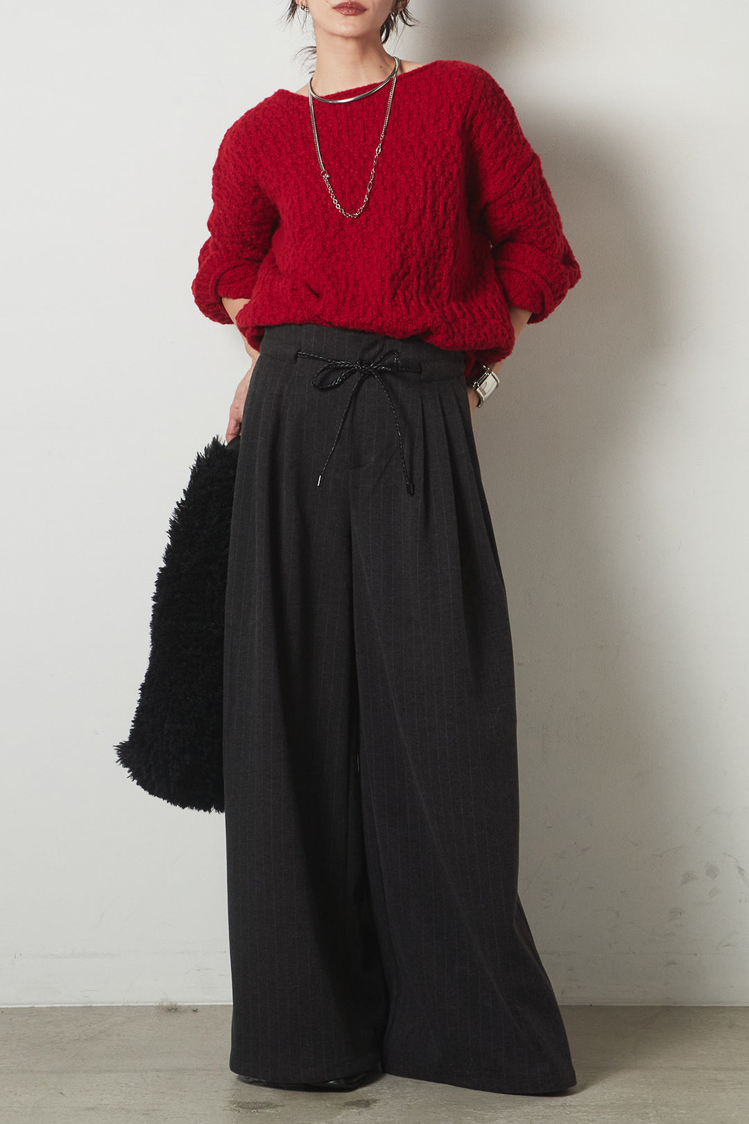 [SET]ボリューム編みニットプルオーバー+編みベルト付きピンストライプワイドパンツ(2set)