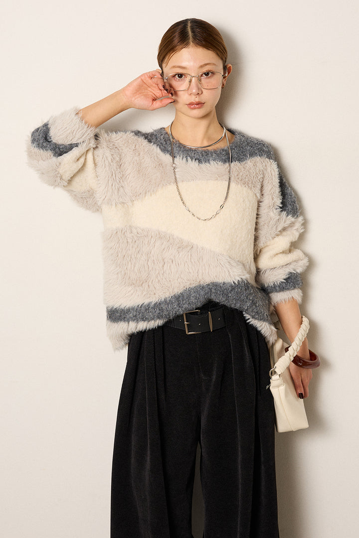 [SET]シャギーウェーブ柄クルーネックニットトップス+ベルトループコーデュロイワイドパンツ(2set)