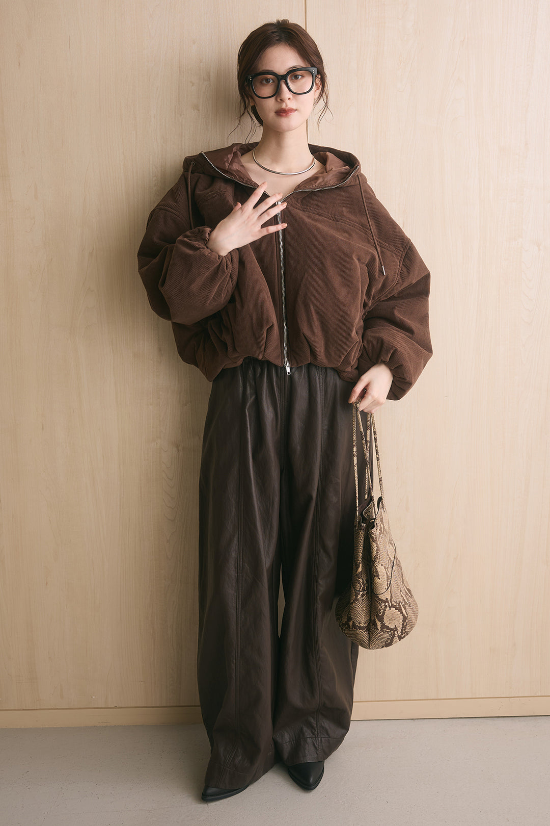 [SET]コーデュロイフーディバルーンブルゾン+フェイクレザーカーブワイドパンツ(2set)