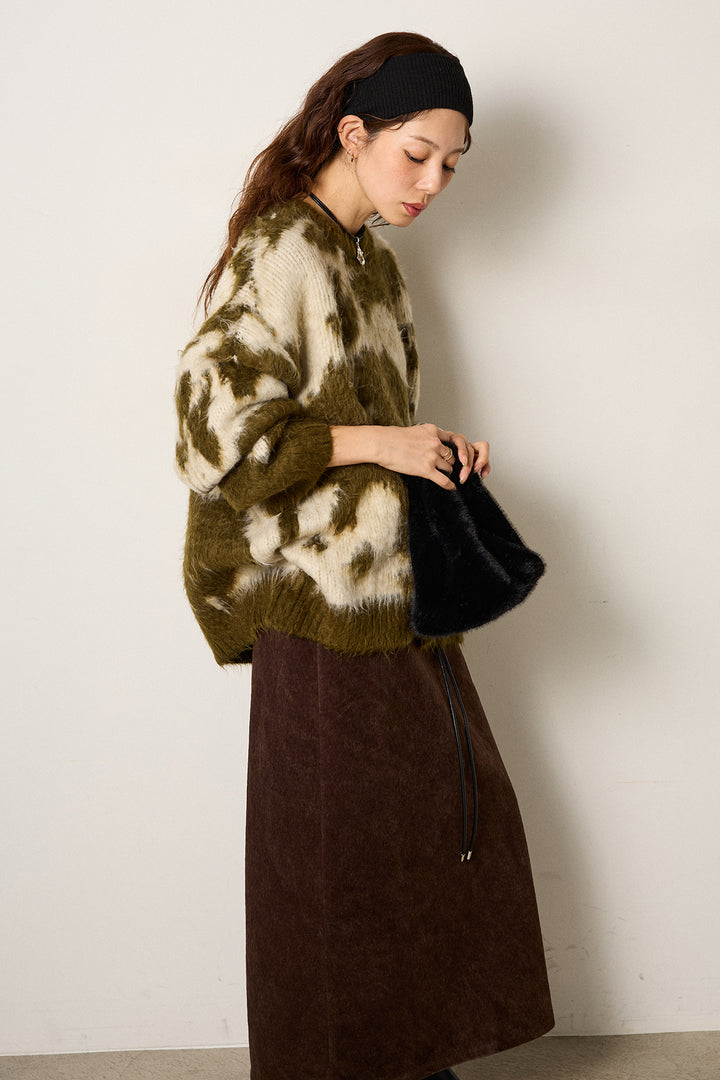 [SET]モヘアタッチマーブルニット+ロープベルト付きスウェード調スカート(2set)
