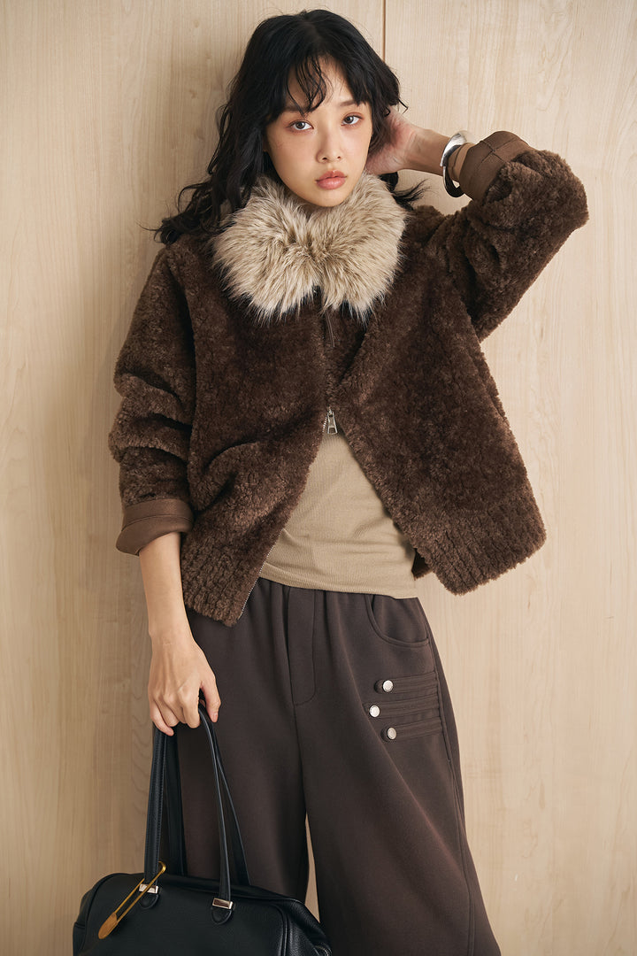 [SET]ブークレファーカラーダブルジップアウター+ナポレオンディテールカーブパンツ(2set)