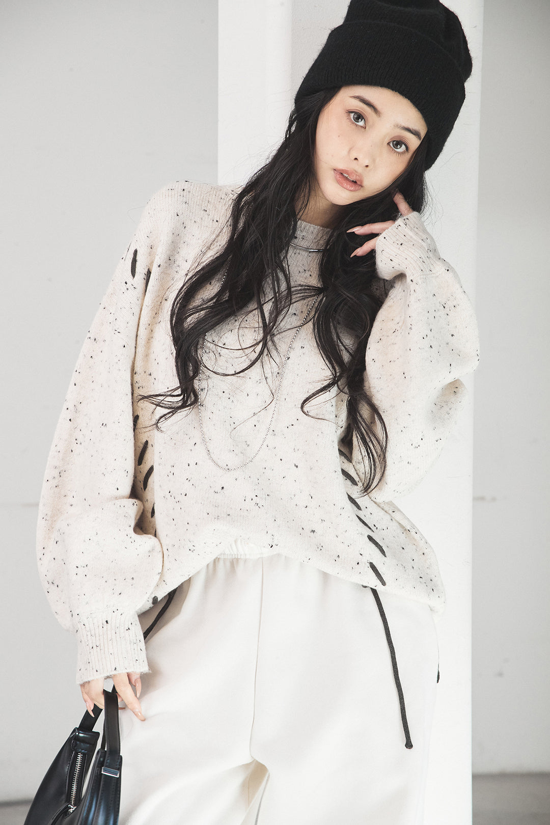 [SET]ネップ編み上げニットトップス+裏起毛スウェットワイドパンツ(2set)